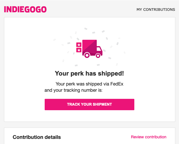 Indiegogoの発送通知